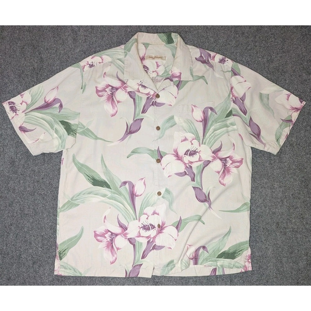 Tommy Bahama 100% Silk Mens Large Hawaiian Shirt Calla Lily Print Coconut Shell